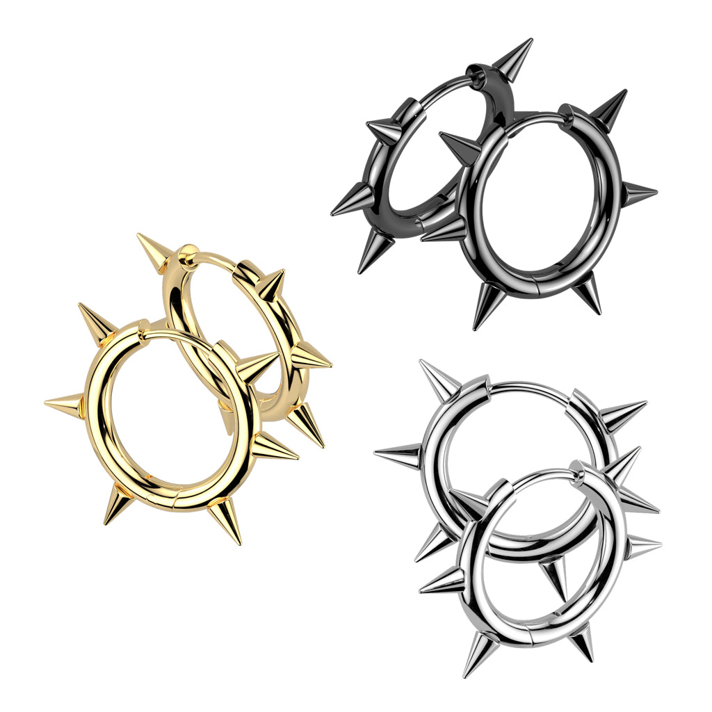 Pair of 18G Stainless Steel Hinged Hoop Earrings With Spikes